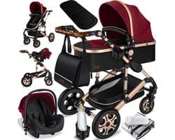 KESSER® Kinderwagen 3 in 1 Loops Wandelwagen Set incl. Autostoel & Reiswieg & Buggy Sportzitje - Massieve Rubberbanden - Luiertas / Regenhoes - Rood / Champagne