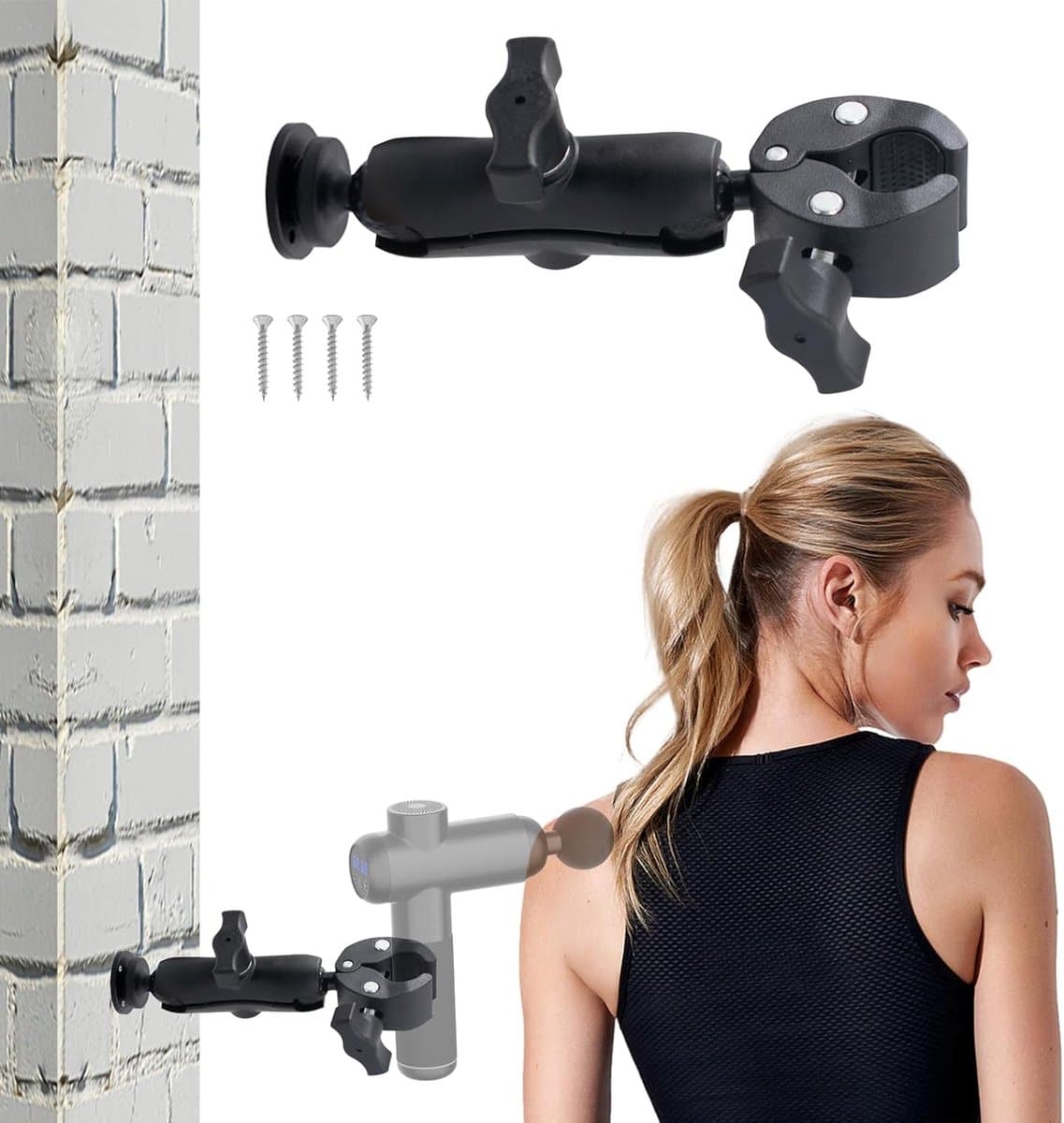 SnelShoppen - Massage gun holder wandmontage met verstelbare klem, geschikt voor de meeste massage guns, ideaal voor moeilijke bereikbaarheid zoals ne — afbeelding 1