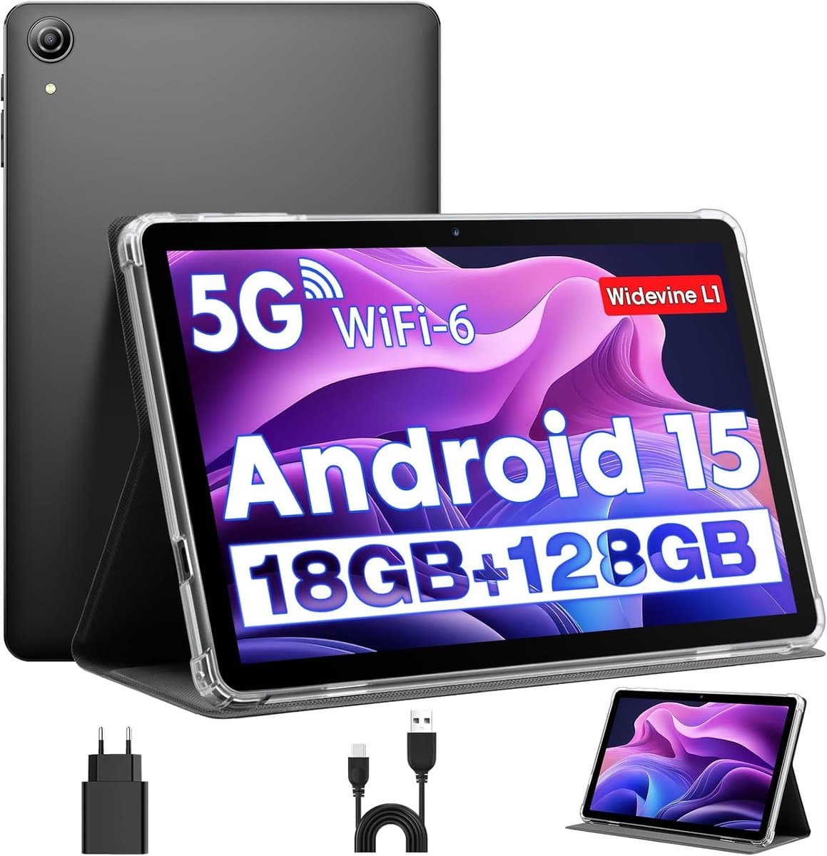 SnelShoppen - 10 Inch Tablet Android 15 met Case, Unisoc T30 Quad-Core, 18GB RAM, 128GB ROM, 1TB Uitbreiding, 1280x800 HD Scherm, 5MP + 8MP Camera, 60 — afbeelding 1
