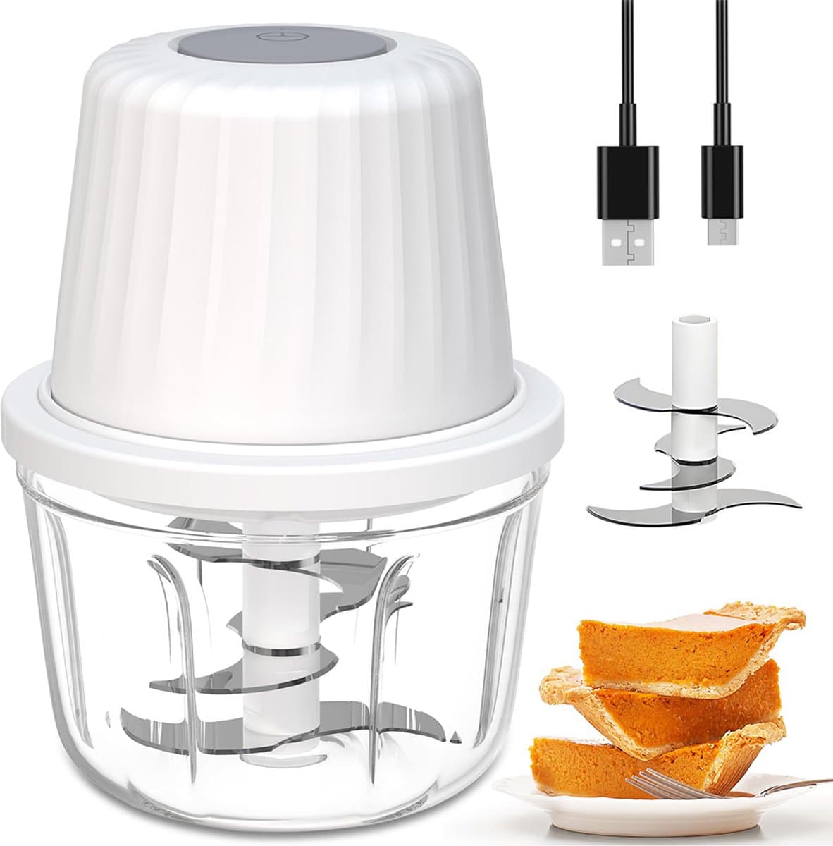 Elektrische hakmolen – Foodprocessor – Multifunctionele keukenmachine – Vaatwasmachinebestendig – Keukenmachine – Geschikt voor het hakken van vlees, het pellen van knoflook en het mixen van ingrediënten – 400 ml – 6 messen – 10,7*10,7*14,9 cm - Wit — afbeelding 1