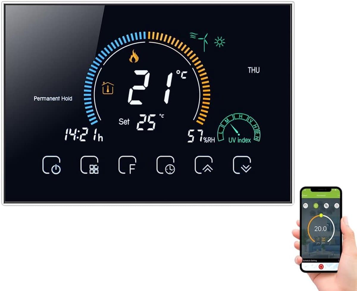 Intelligente Thermostaat - Wifi Regelaar - Comfort Verhoging - UV Vochtweergave - 4.8 Inch LCD - Zilver — afbeelding 1