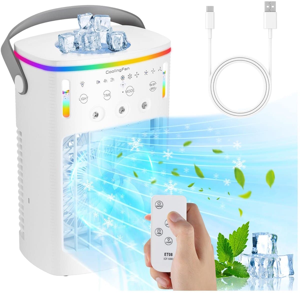Mobiele airconditioning - mini-airconditioner voor de kamer - 4-in-1 luchtkoeler met waterkoeling - 1000 ml airconditioner zonder afvoerslang - draagbare airconditioner met 3 standen en kleurrijk licht voor de kamer — afbeelding 1
