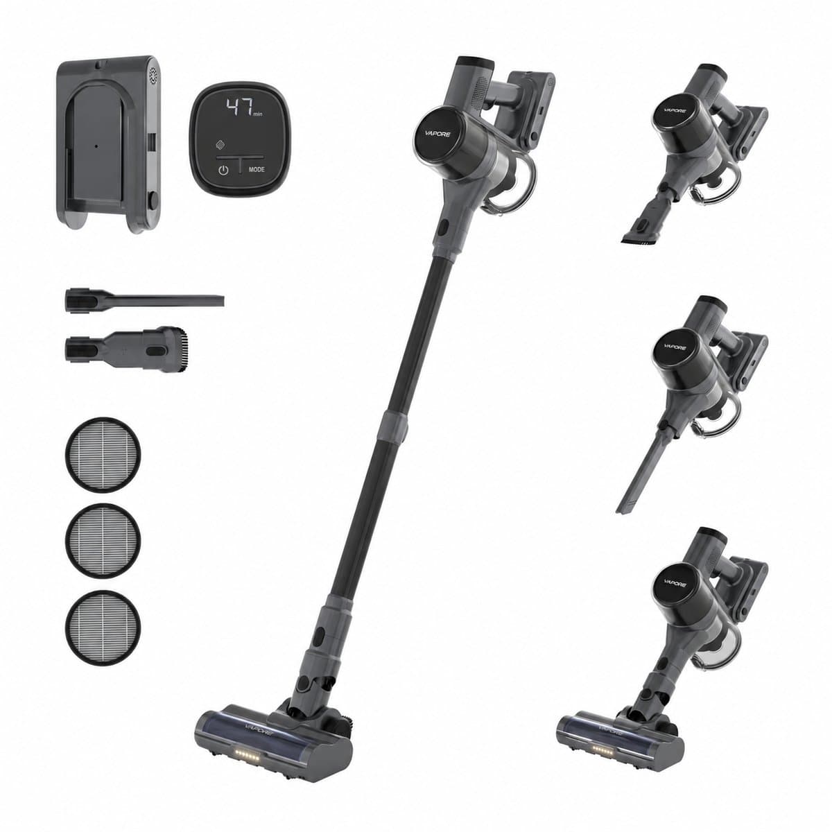 Vapore Steelstofzuiger Draadloos - Incl. Extra Accu & Filter - 47 Minuten Accuduur - 350W - Snoerloze Stofzuiger - Stofzuiger Zonder Zak - Op Accu - Vacuum Cleaner - Kruimeldief - Draadloze Steelstofzuiger - Zwart — afbeelding 1