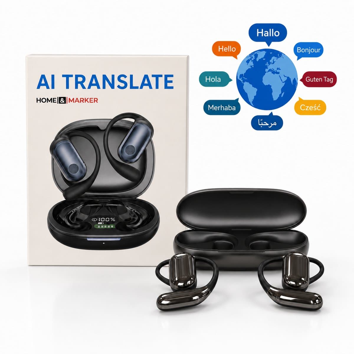 Vyzio - AI Vertaal Oordopjes - Vertaal Apparaat - Real-time Vertalings oordopjes - 144 Talen & Dialecten - Offline Functie - Draadloze Spraakvertaler voor Reizen & Zakelijk - Bluetooth 5.4 - Zwart - TRANZIO — afbeelding 1