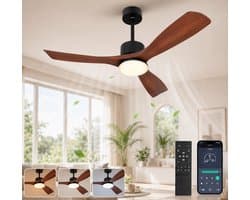 MUPOO Houtlook Plafondventilator met Verlichting 132cm - Stil & Dimbaar - Zomer en Winterstand-Smart App & Afstandsbediening -6 Snelheden & Geheugen- Timer- ventilator lamp Voor Slaapkamer / Woonkamer — afbeelding 1
