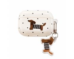 Enluxe Case geschikt voor Airpods 4 - Teckel Print Creme - Hardcase met Hondenhanger, Schokbestendig Hoesje