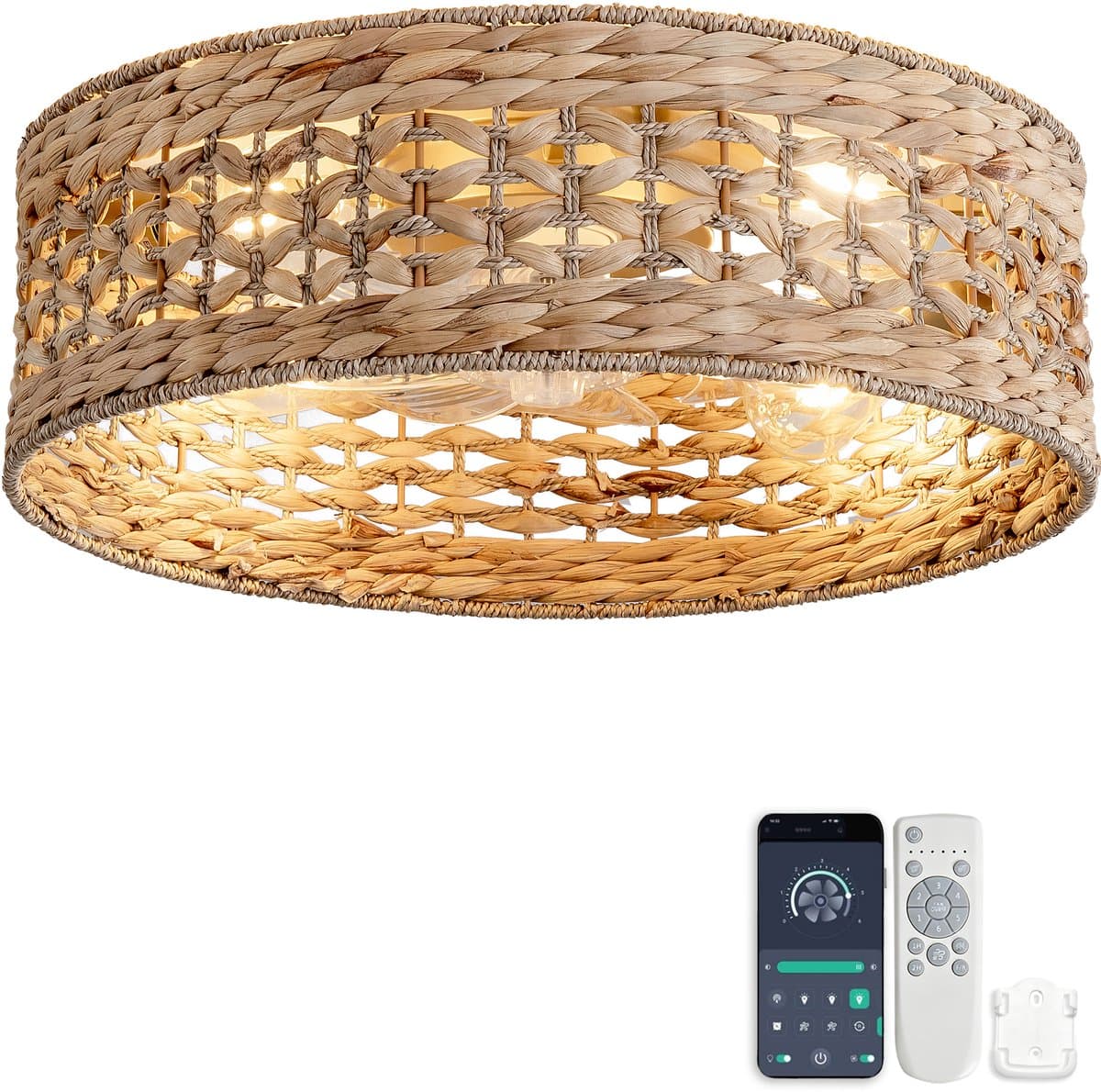 Plafondventilator 19 inch - Dubbele bediening via app en afstandsbediening - Zes snelheidsstanden - Geschikt voor lage plafonds en kleine appartementen - ABS-bladen met rotan rooster - Opengewerkt ontwerp — afbeelding 1