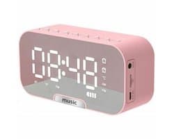 5-in-1 multifunctionele klok, Bluetooth-luidspreker, FM-radio, digitale wekker met spiegel, temperatuurweergave, oplaadbaar - roze