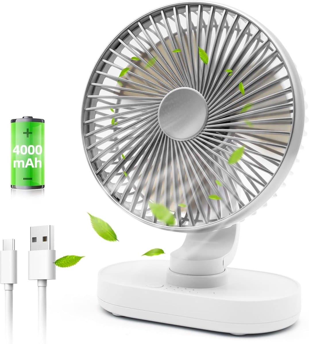 Tafelventilator Oplaadbaar – Stille Ventilator – 4 Snelheden – 90° Oscillatie – 4000 mAh-zilver — afbeelding 1