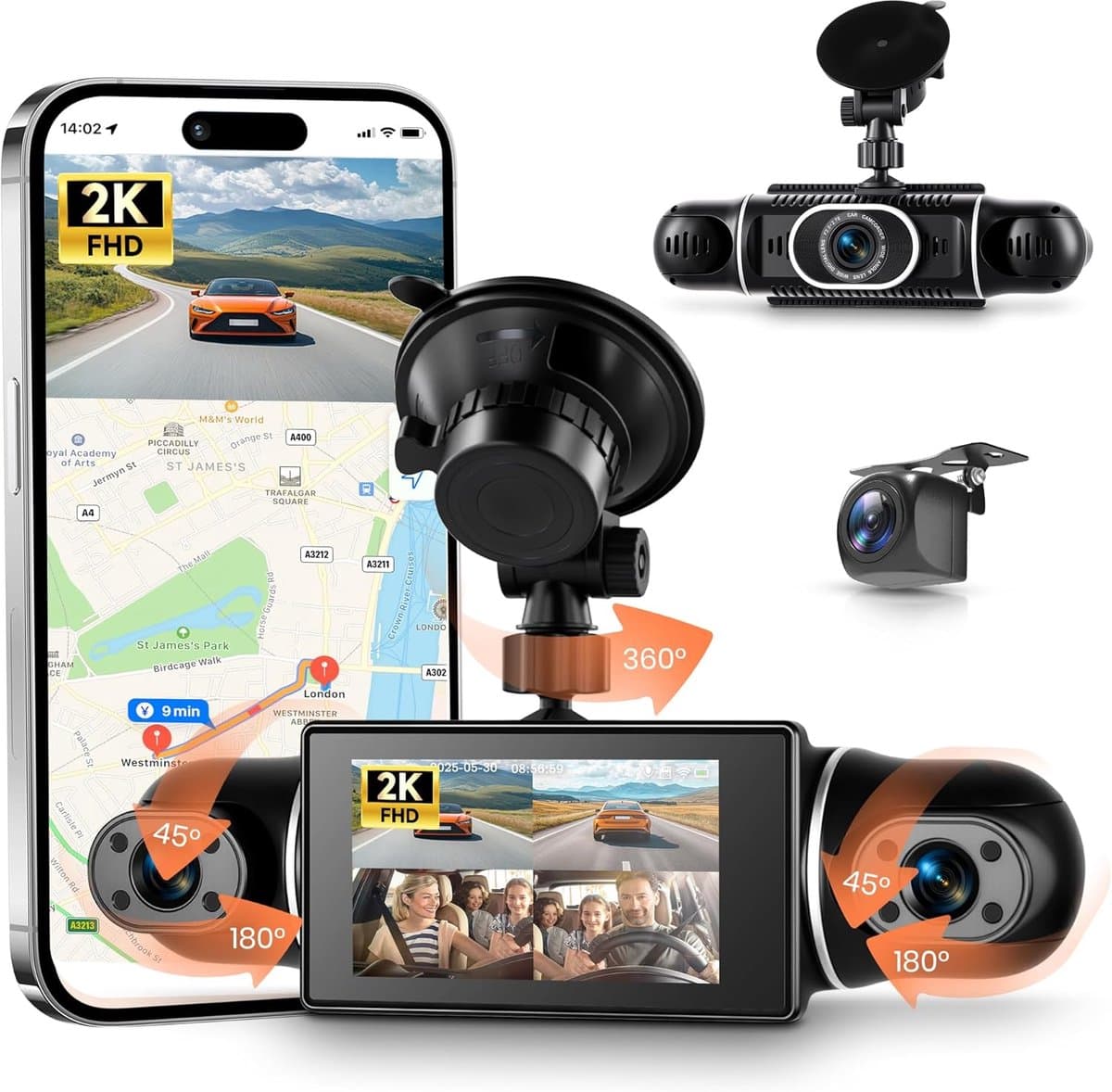 Thijox - 4-kanaals 360° Dashcam Auto 2K + 1080P WIFI - Hoge Resolutie Beveiligingscamera voor Auto, Voor- en Achteropnames, Nachtzicht, Beveiliging en — afbeelding 1