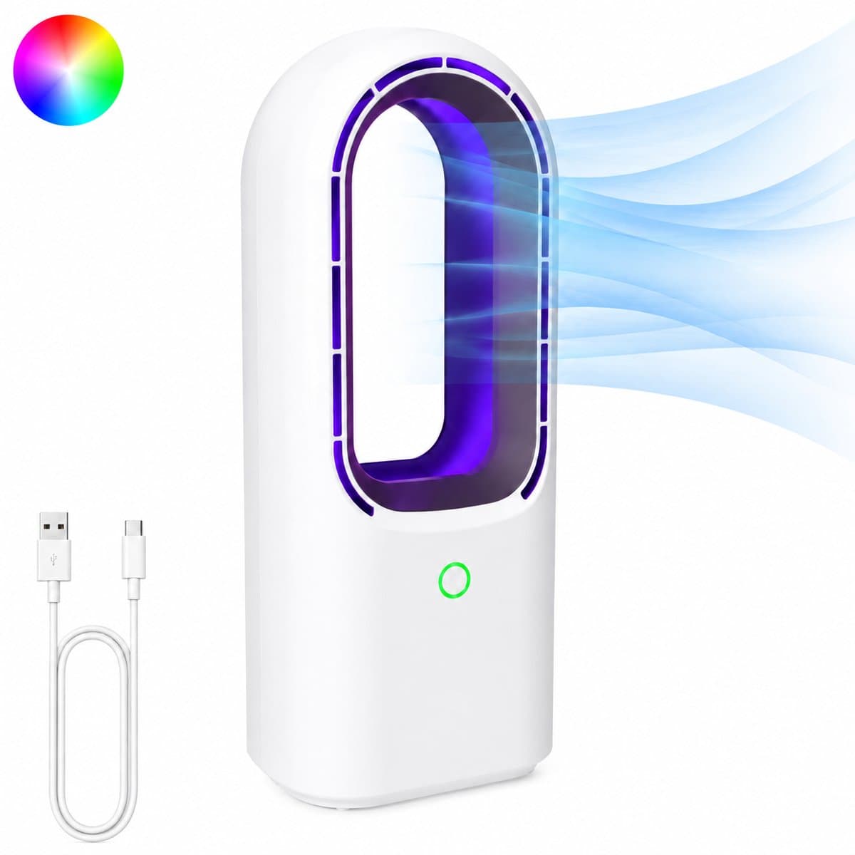 Bladloze Ventilator met LED Licht 7 Standen - Oplaadbaar USB C - Fluisterstil - 3 Standen - Tafelventilator met Verlichting - Draagbare Ventilator - Wit - Silvergear — afbeelding 1