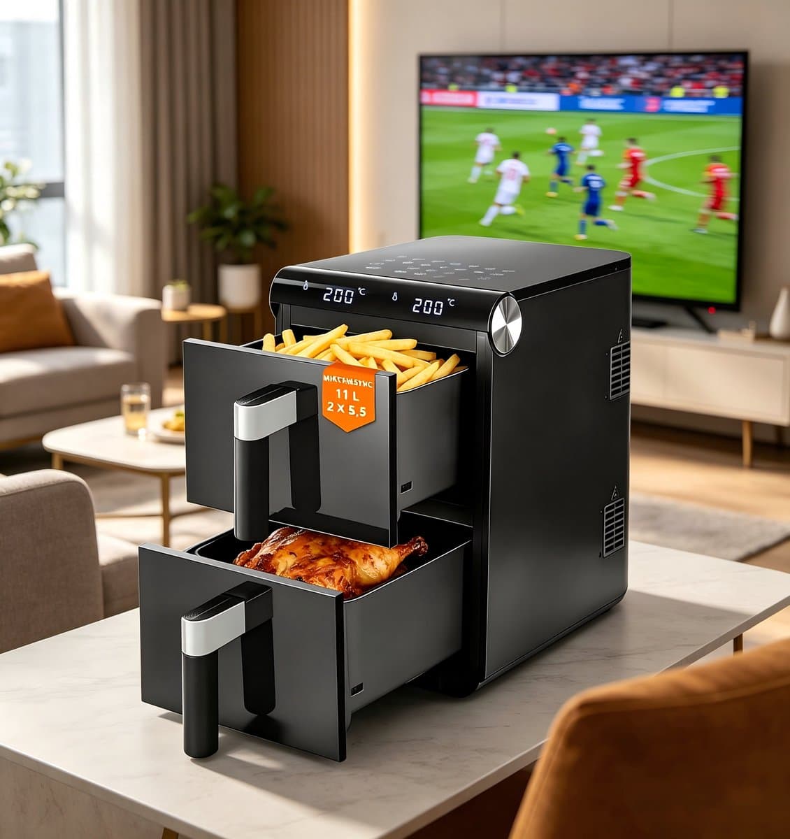 NETTLIFE Airfryer Dubbele Kamer 11L - 2800W - 13-in-1 Hetelucht Friteuse - Touchscreen met Timer - Vaatwasserbestendige Manden - 2 Bakmanden - voor Gezin - Zwart — afbeelding 1