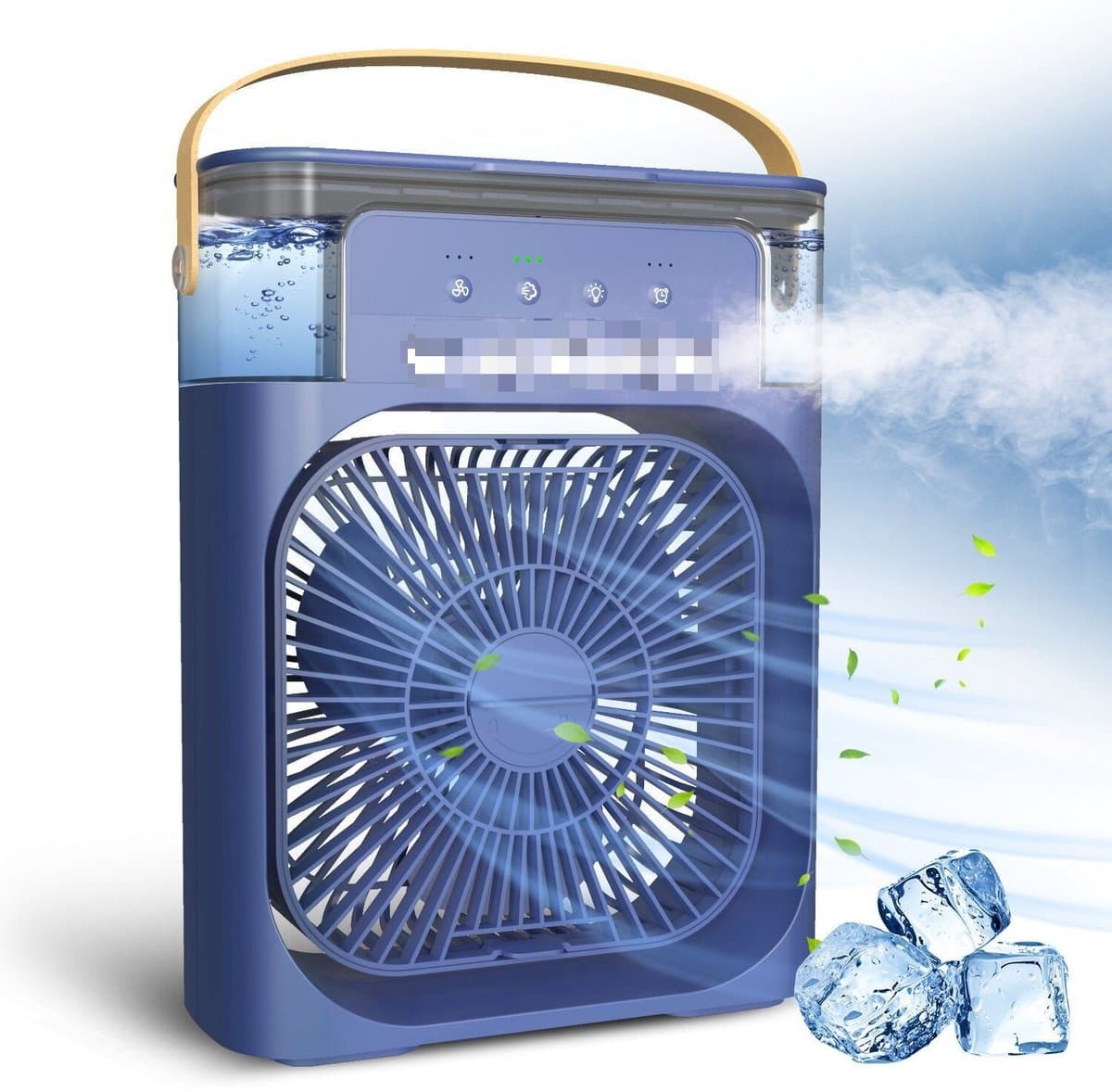 Deze draagbare 4-in-1 airconditioner combineert airconditioning, een ventilator, drie ventilatorsnelheden, een timer, een luchtbevochtiger (600 ml waterreservoir), USB-opladen, een luchtkoeler en een stille modus – in het blauw. — afbeelding 1