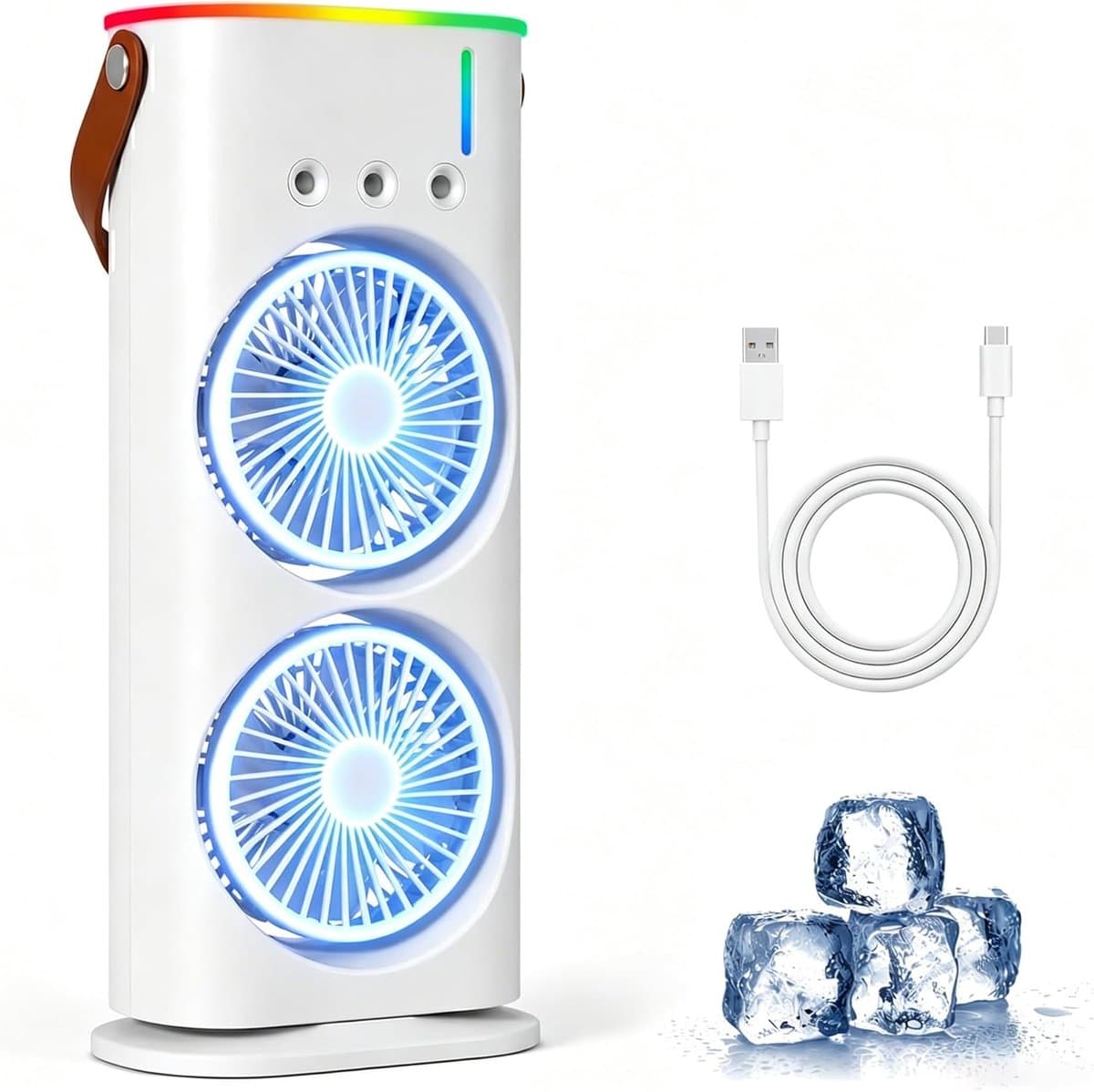 Draagbare mini-airco – 280 ml luchtkoeler, 4-in-1 draagbaar apparaat, 3 snelheden, 3 vernevelingsstanden, ledverlichting in 7 kleuren, USB-ventilator & luchtbevochtiger voor de slaapkamer — afbeelding 1