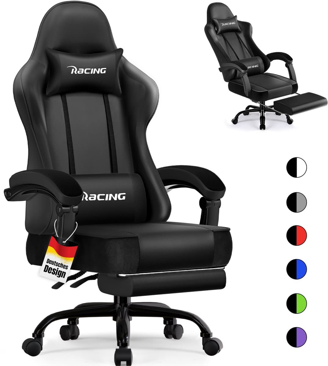 Elekiatech Gamingstoel - 165°Rugleuning - Gamestoel met Voetensteun - Zwart — afbeelding 1