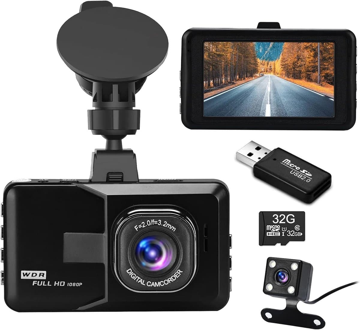 Podazz Dashcam auto voor en achter — 3 inch IPS-scherm FHD 1080P Dash Cam, voor auto's 170 groothoek, super - ShopVlot — afbeelding 1