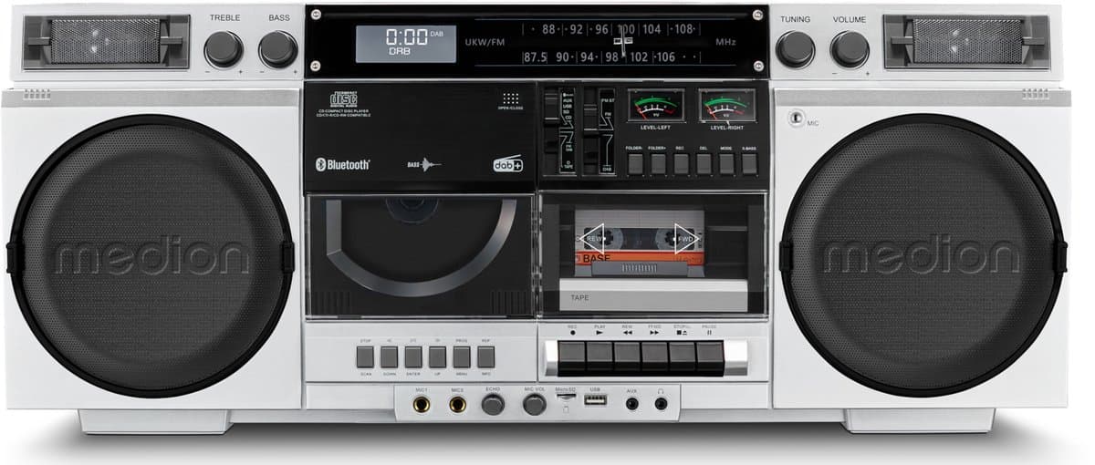 MEDION P66538 Cassetterecorder (retro boombox met cd-speler, jaren 80, groot, USB, SD, cd, cassette MC, DAB+ radio telescopische antenne, Bluetooth, cassettedeck, opnamefunctie, werkt op batterijen) — afbeelding 1