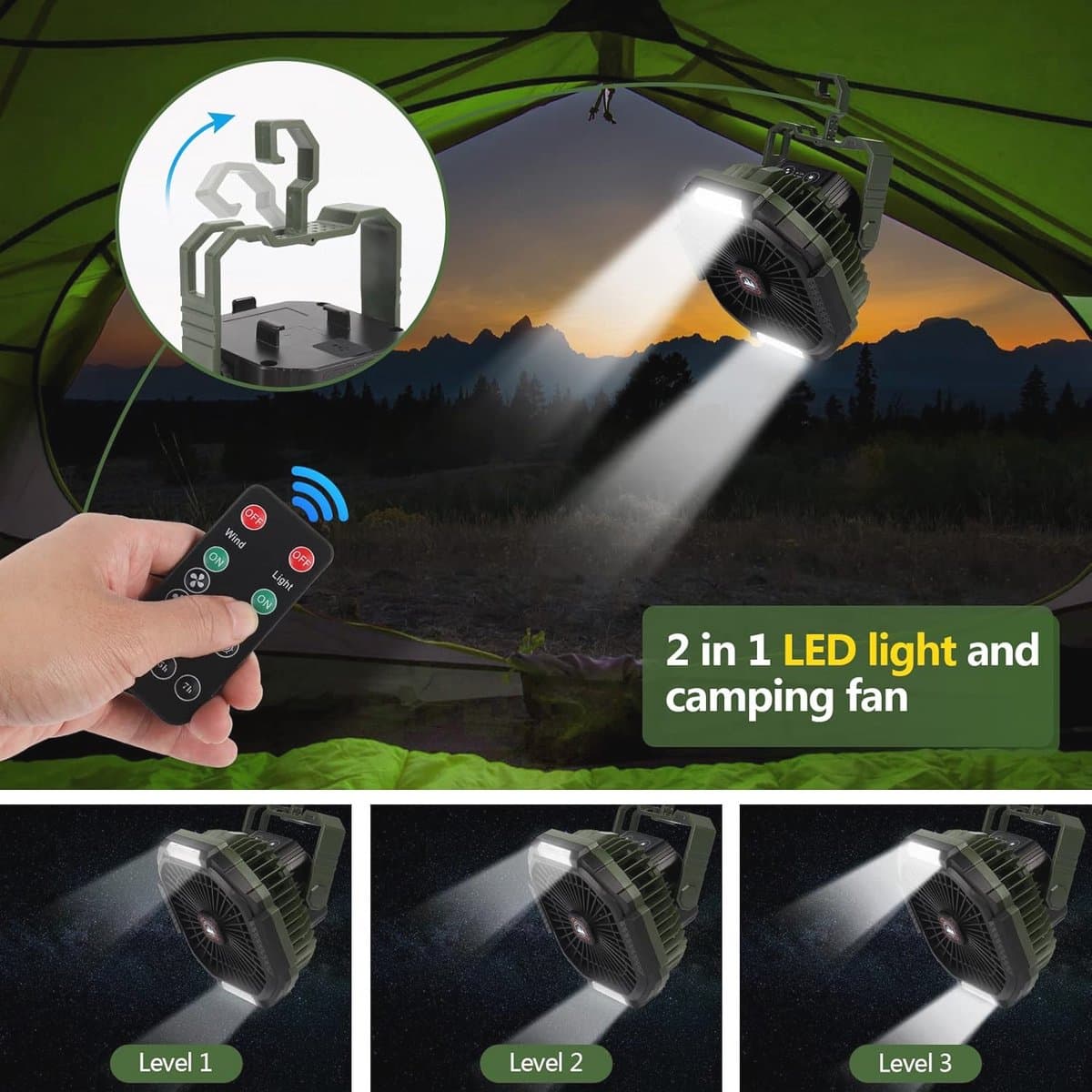 Oplaadbare Usb-campingventilator met Stille Werking en LED-verlichting - 4 Snelheden Tafelventilator voor Buiten — afbeelding 1
