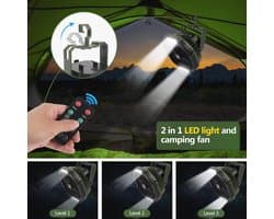 Oplaadbare Usb-campingventilator met Stille Werking en LED-verlichting - 4 Snelheden Tafelventilator voor Buiten