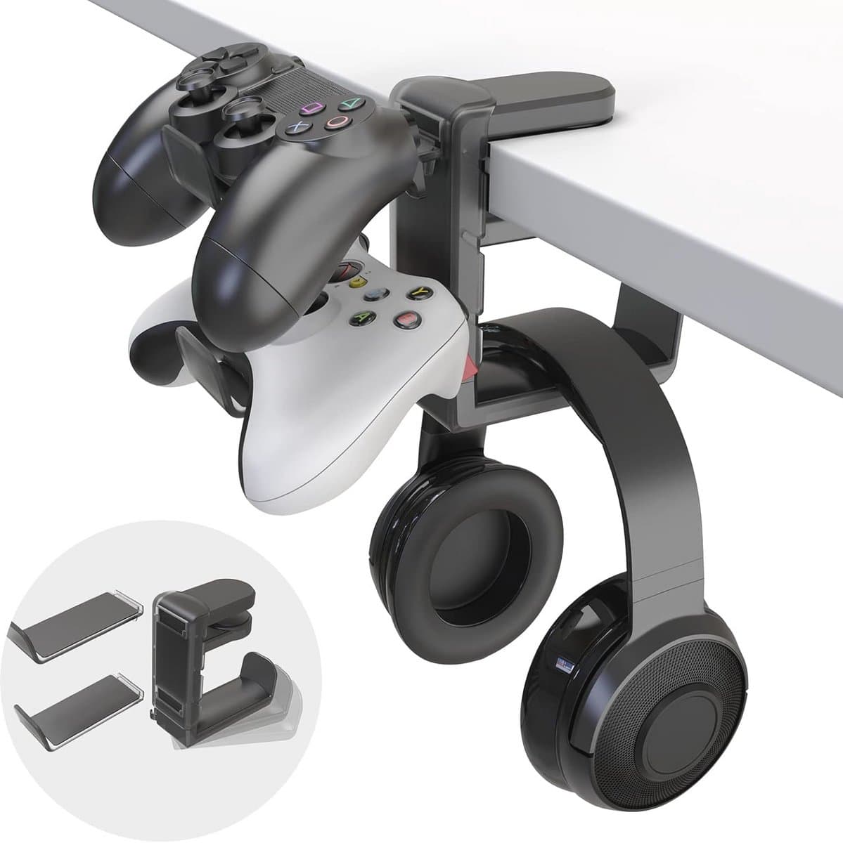 3-in-1 Gaming Hoofdtelefoon en Controller Houder met Verstelbare Arm - Onder Bureau Standaard — afbeelding 1