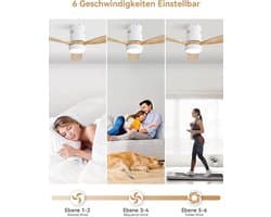 Plafondventilator met LED Verlichting en Afstandsbediening - 132 cm, 3 Houten Vleugels, DC-Motor, Timer en 6 Snelheden