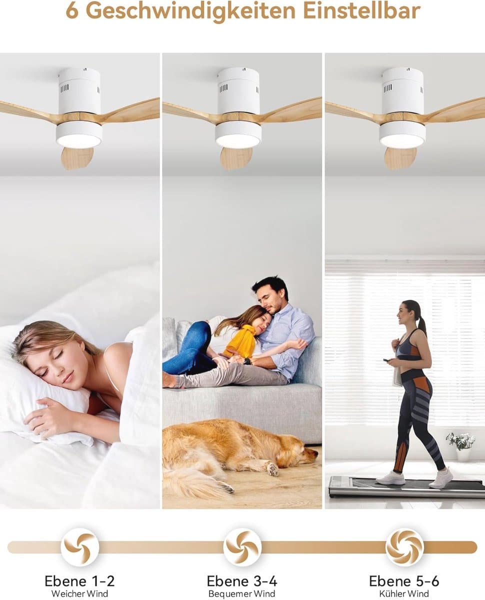 Plafondventilator met LED Verlichting en Afstandsbediening - 132 cm, 3 Houten Vleugels, DC-Motor, Timer en 6 Snelheden — afbeelding 1
