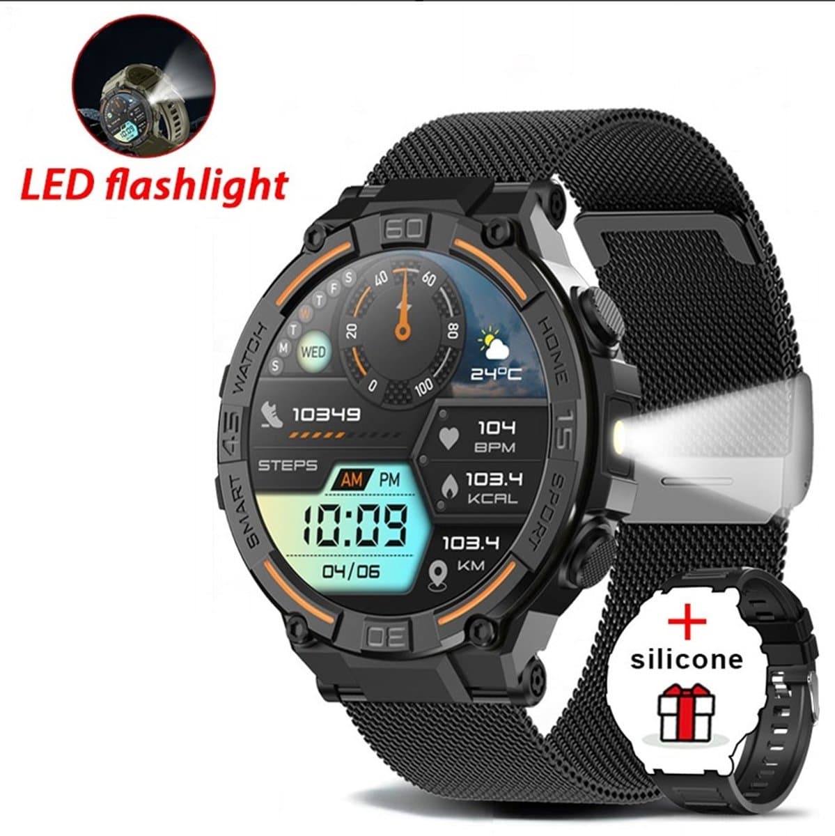 Knobbout 1.52"(3.8cm) LED Sport Smartwatch - Zijwaartse LED-verlichting- Bloeddrukmeting, hartslag monitoring en bloedzuurstof (SpO₂)-controle- Bluetooth belfunctie - Sedentaire herinnering-Sedentaire herinnering-Zwart stall+ siliconen horlogeband — afbeelding 1