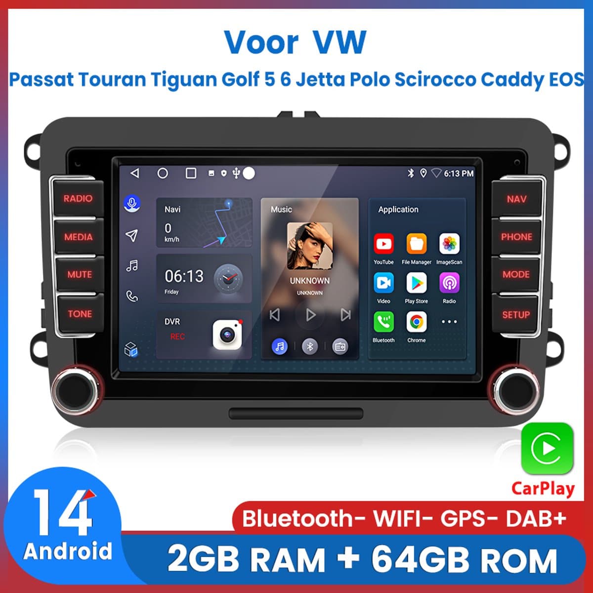Awesafe 7" Autoradio - Geschikt Voor VW Volkswagen Passat Touran Tiguan Golf 5 6 Jetta Polo Scirocco Caddy EOS - Draadloze Carplay & Android Auto - Android 14.0 System - 7 Inch IPS HD Touchscreen - Bluetooth & Wifi - Radio Scherm — afbeelding 1
