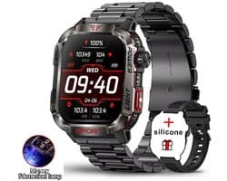 Knobbout Outdoor Smartwatch 2.01”Scherm Extra Groot Scherm– Militair Standaard Schok & Krasbestendig - Zaklamp + SOS - Kompas & Hoogtemeter - GezondheidsmonitorBluetooth Bellen - AI Spraakassistent - 600mAh -IP68 -zwart staal+ siliconen horlogeban
