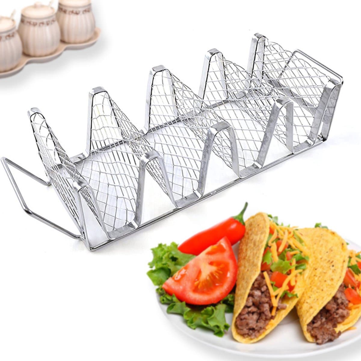 Taco-houder: Mexicaans burrito-rek van roestvrij staal - Keukengerei-houder Taco-standaard voor feestjes Grillen Oven Airfryer - Kruidendispenserrek — afbeelding 1