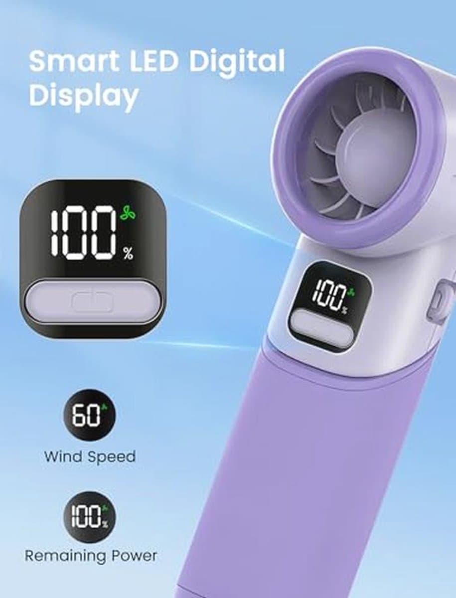Draagbare Turbo Fanfan met 5 Snelheden - Oplaadbare Mini Ventilator voor Binnen en Buiten - Ideaal voor Reizen en Kamperen - Lila — afbeelding 1