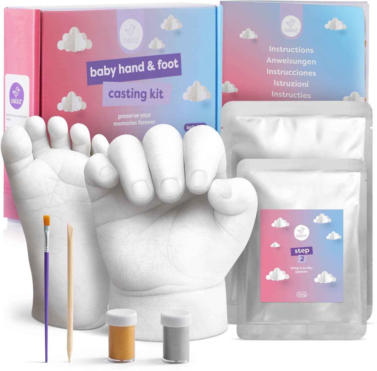 CHUCKLE - 3D Gipsafdrukset - Baby Hand & Voet - Goud & Zilver Verf — afbeelding 1