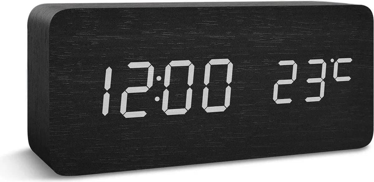 Digitale wekker met duidelijke LED-cijfers en temperatuurweergave, zwart. — afbeelding 1