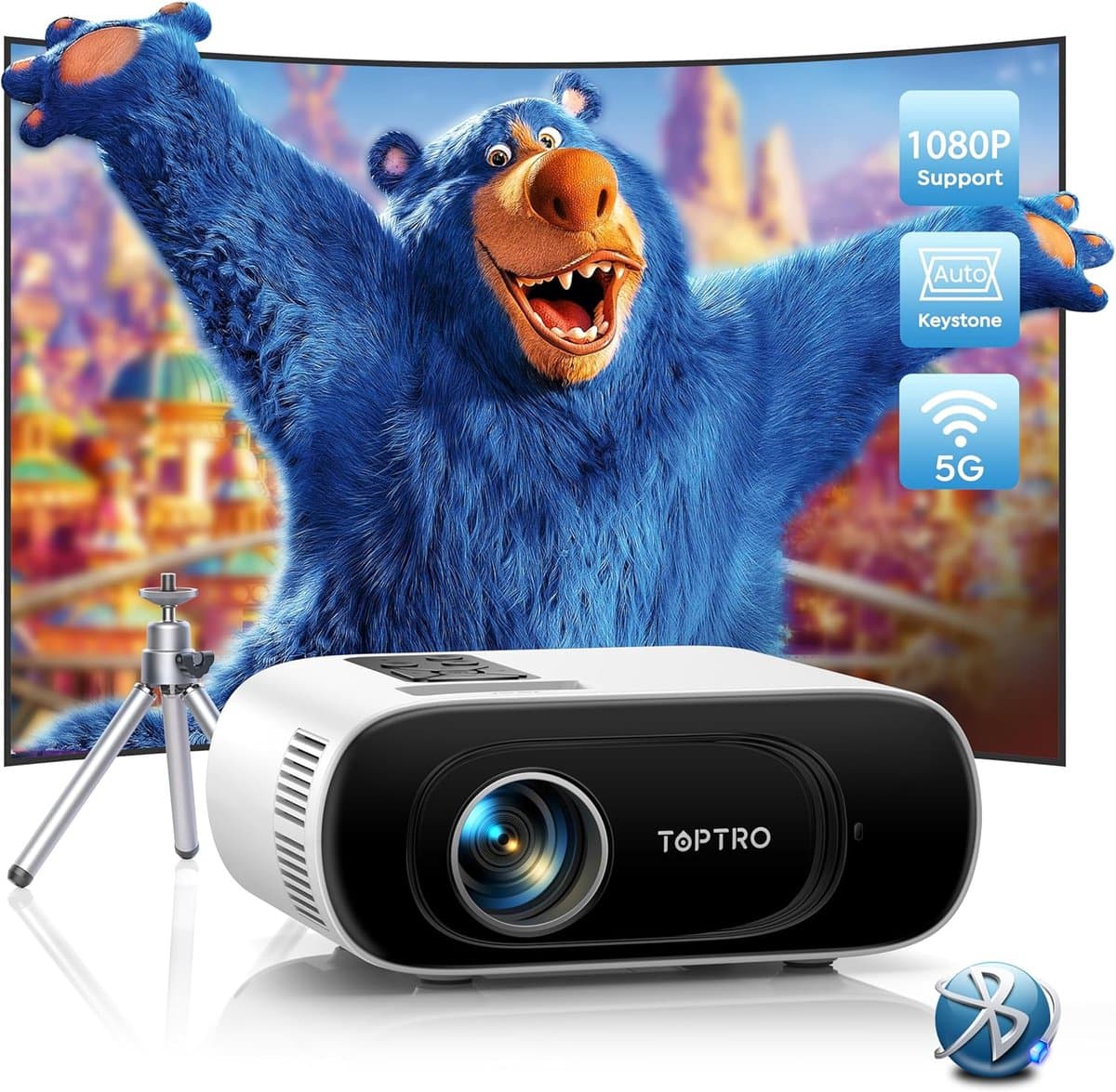 Toptro TR26 Projector – Full HD 1080p – 15000 lm – 4K Compatible – Bluetooth & WiFi – HDMI/USB – Compacte Draagbare Beamer – Home Cinema & Streaming — afbeelding 1