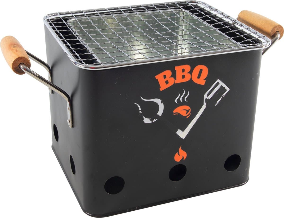 Mini Barbecue - Balkon - Terras - Tuin BBQ - Tafel Barbecue - 18x15.5x15.5cm - Staal - Zwart - Houten Handvatten — afbeelding 1