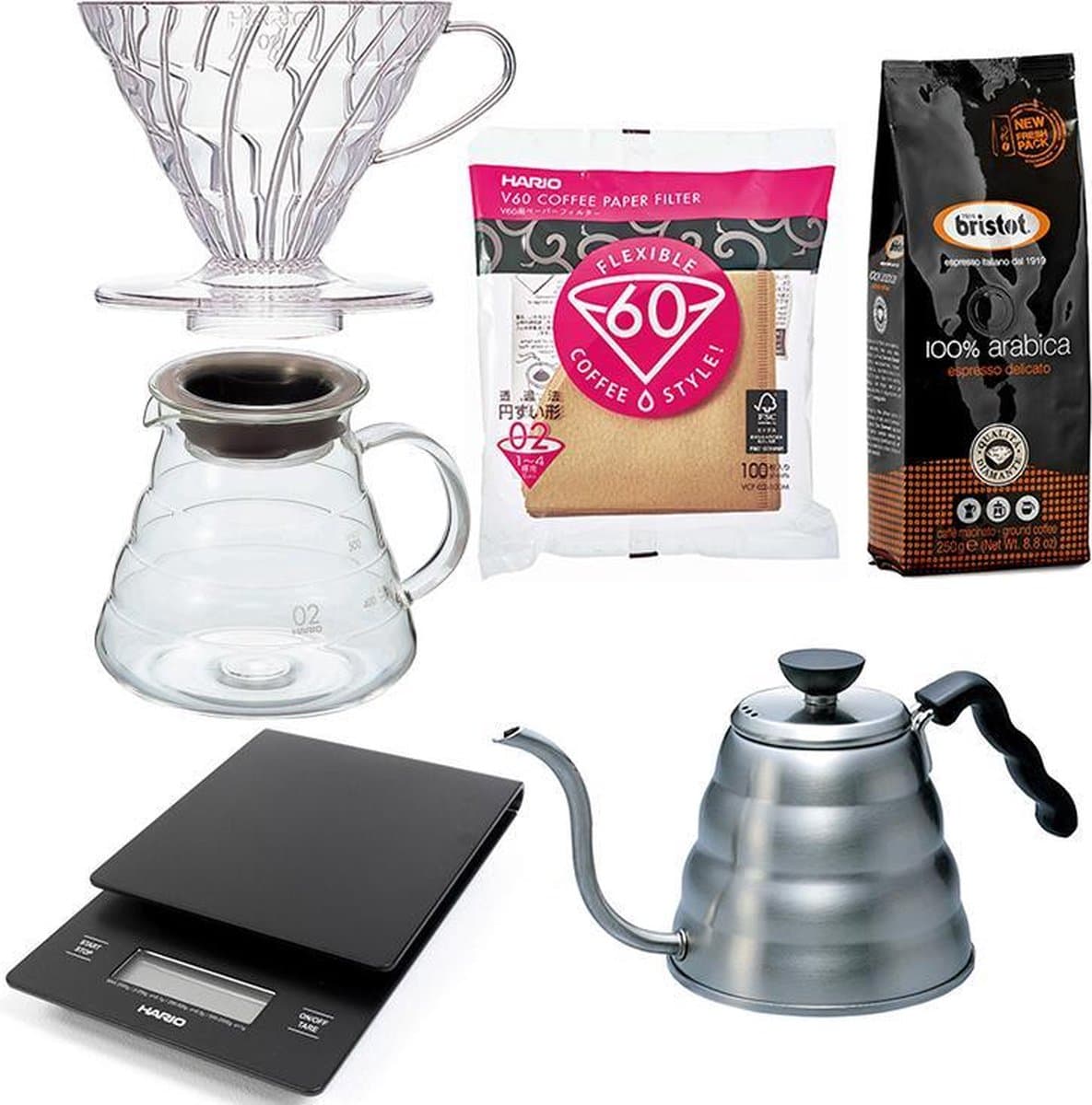 Hario V60 Range Server Slow Coffee starter set 1-4 kops + Bristot Diamante 100% Arabica gemalen koffie — afbeelding 1