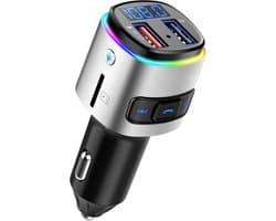 Multicolor Light FM Transmitter Bluetooth Draadloze Carkit met 2 snellader USB Poorten - voor muziek afspelen in auto – Handsfree bellen – Met Stembediening – Auto oplader – voor Samsung / iPhone / Sony / Huawei – Grijs