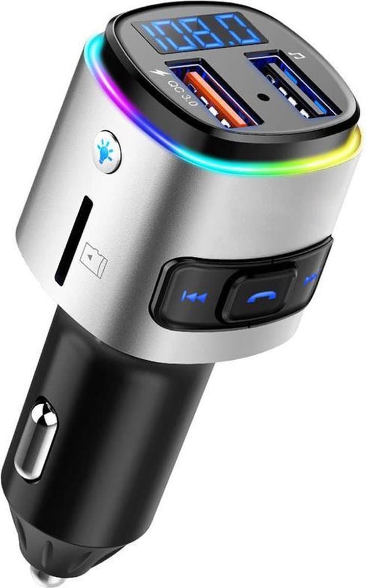 Multicolor Light FM Transmitter Bluetooth Draadloze Carkit met 2 snellader USB Poorten - voor muziek afspelen in auto – Handsfree bellen – Met Stembediening – Auto oplader – voor Samsung / iPhone / Sony / Huawei – Grijs — afbeelding 1