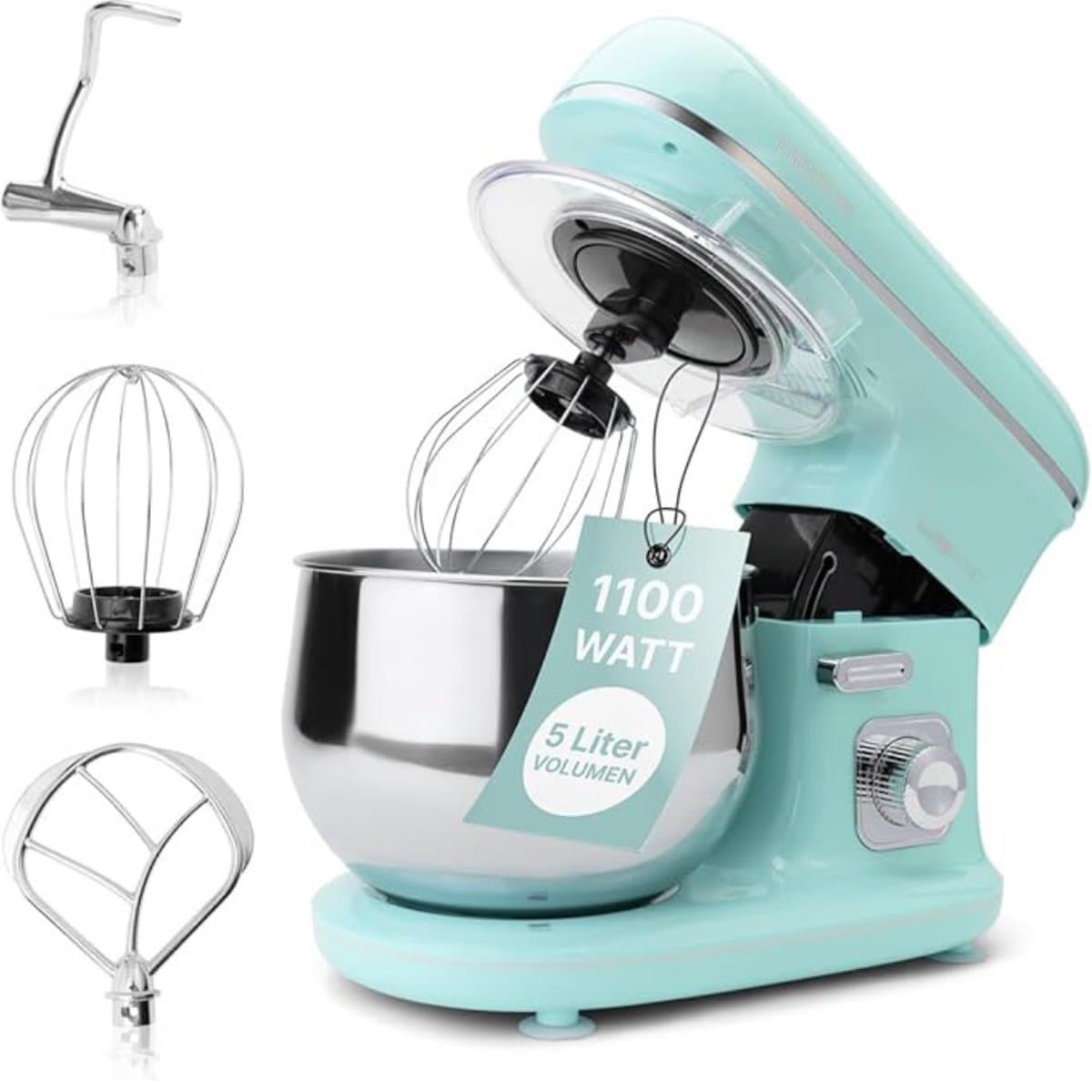 Luxe Roterende Deegmachine – Multifunctionele Deegmixer – Kneedmachine – Inclusief Spatdeksel & Navulopening – 1100W – RVS – Mint — afbeelding 1