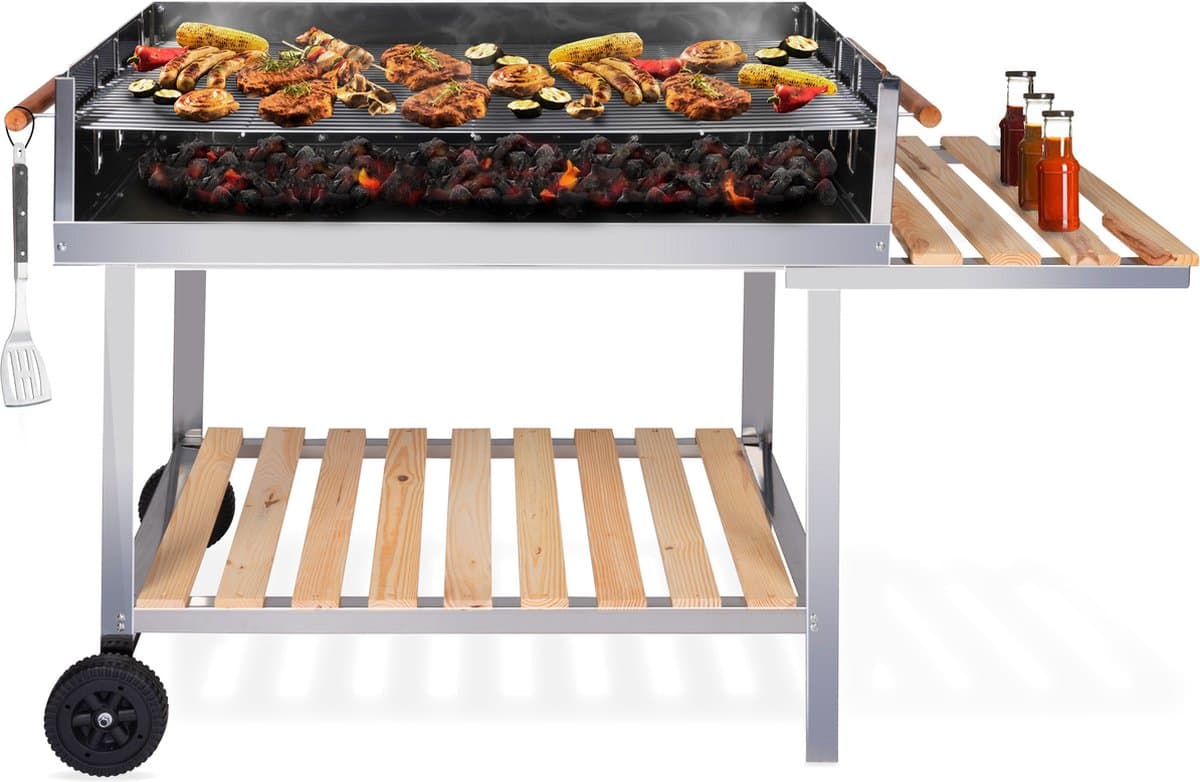BBQ Collection Houtskool Barbecue – Trolley met Zijtafel – Grill op Wielen – RVS – 2 Roosters – 98 x 56 x 85 CM — afbeelding 1