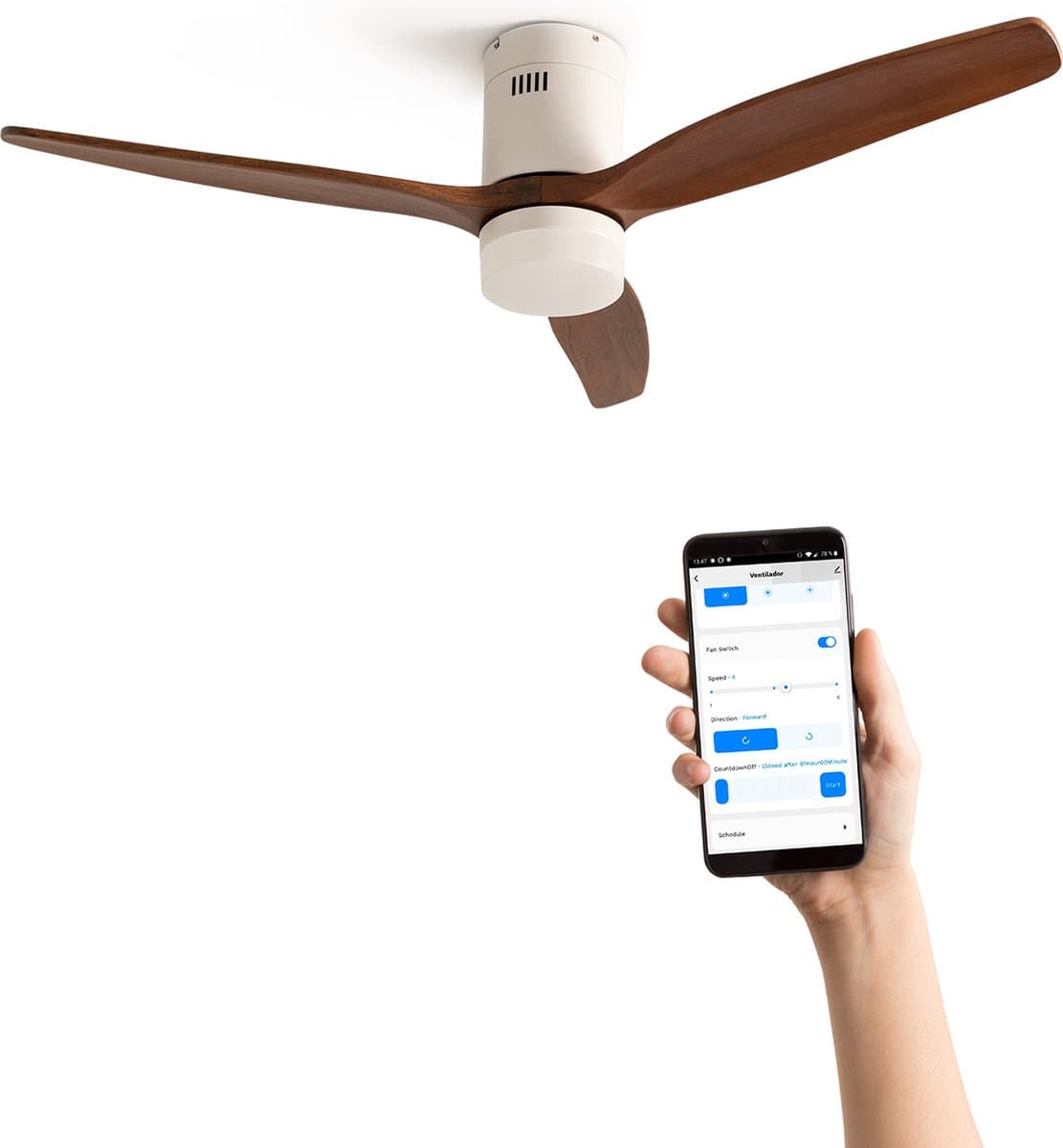 CREATE - Plafondventilator 40W silent Ø132 cm - Met Verlichting drie temperaturen - Met Wifi + Afstandsbediening - 6 Snelheden - Timer - Zomer/Winter functie - Wit - WIND CALM — afbeelding 1