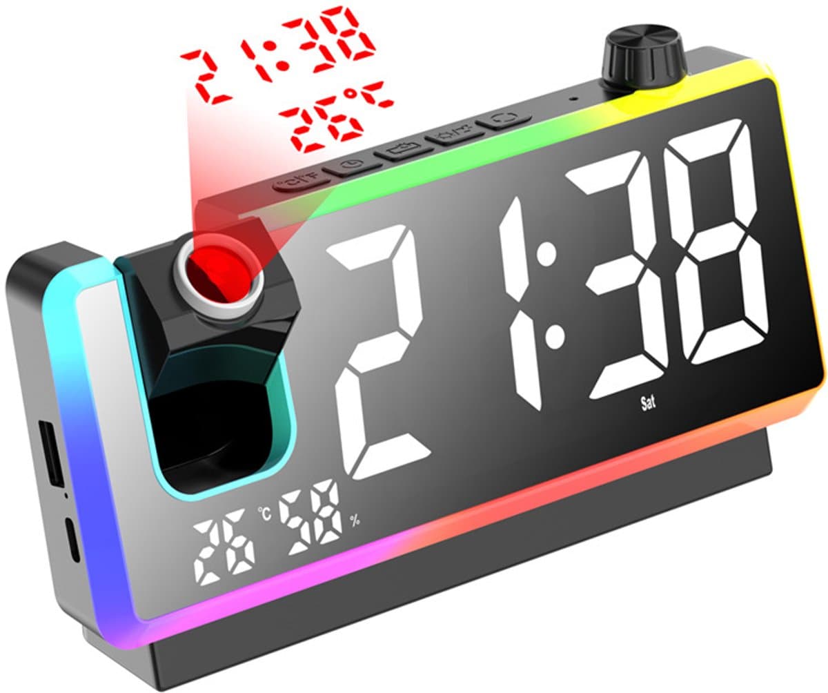Wekker met projectiefunctie voor de slaapkamer, digitale klok met 180° projector, led-display, dubbele alarmen, temperatuur- en vochtigheidsweergave, dubbele USB-poort, voor diepe slapers — afbeelding 1