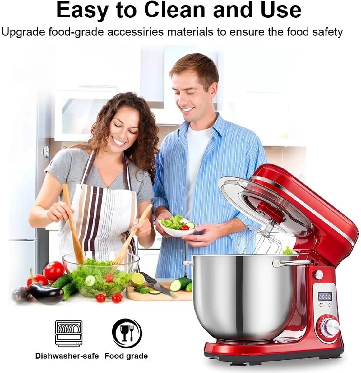 Lunekiss 6L keukenmixer met 1200W stille DC‑motor, 6 snelheden, LED‑timer, RVS mengkom en accessoires – Zwart — afbeelding 1