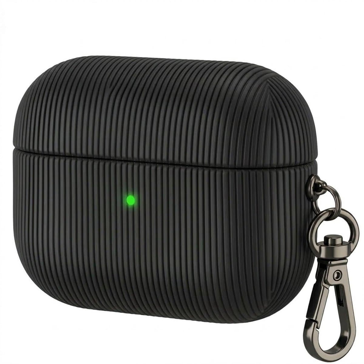 Luxe geribd hoesje voor oordopjes – Vertical Stripe design met sleutelhaak, geschikt voor AirPods 4 (Zwart) — afbeelding 1