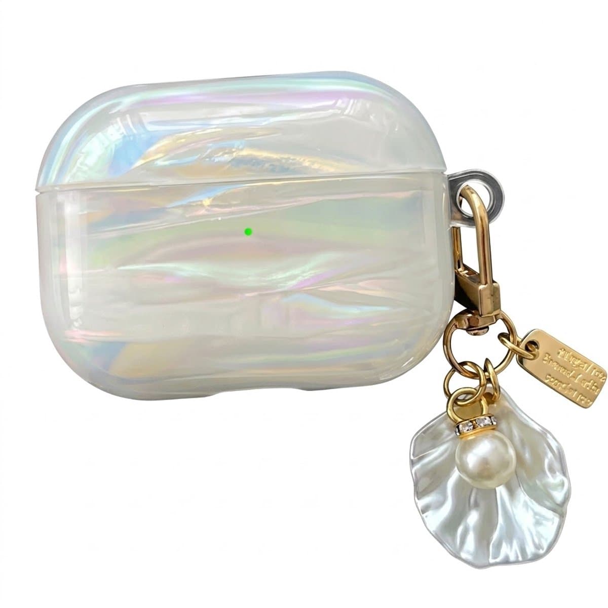 Transparant parelmoer hoesje voor oordopjes dames met schelp patroon en decoratieve hanger geschikt voor AirPods Pro 3 met iriserende afwerking en clip — afbeelding 1