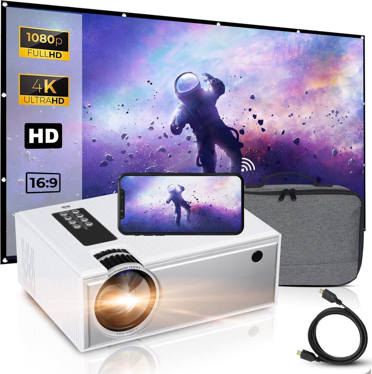 Mini Beamer - Projector Incl. Projectiescherm + Draagtas + Afstandsbediening - 4000 Lumen - Streamen Vanaf Je Telefoon Met WiFi — afbeelding 1
