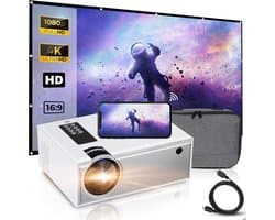 Mini Beamer - Projector Incl. Projectiescherm + Draagtas + Afstandsbediening - 4000 Lumen - Streamen Vanaf Je Telefoon Met WiFi