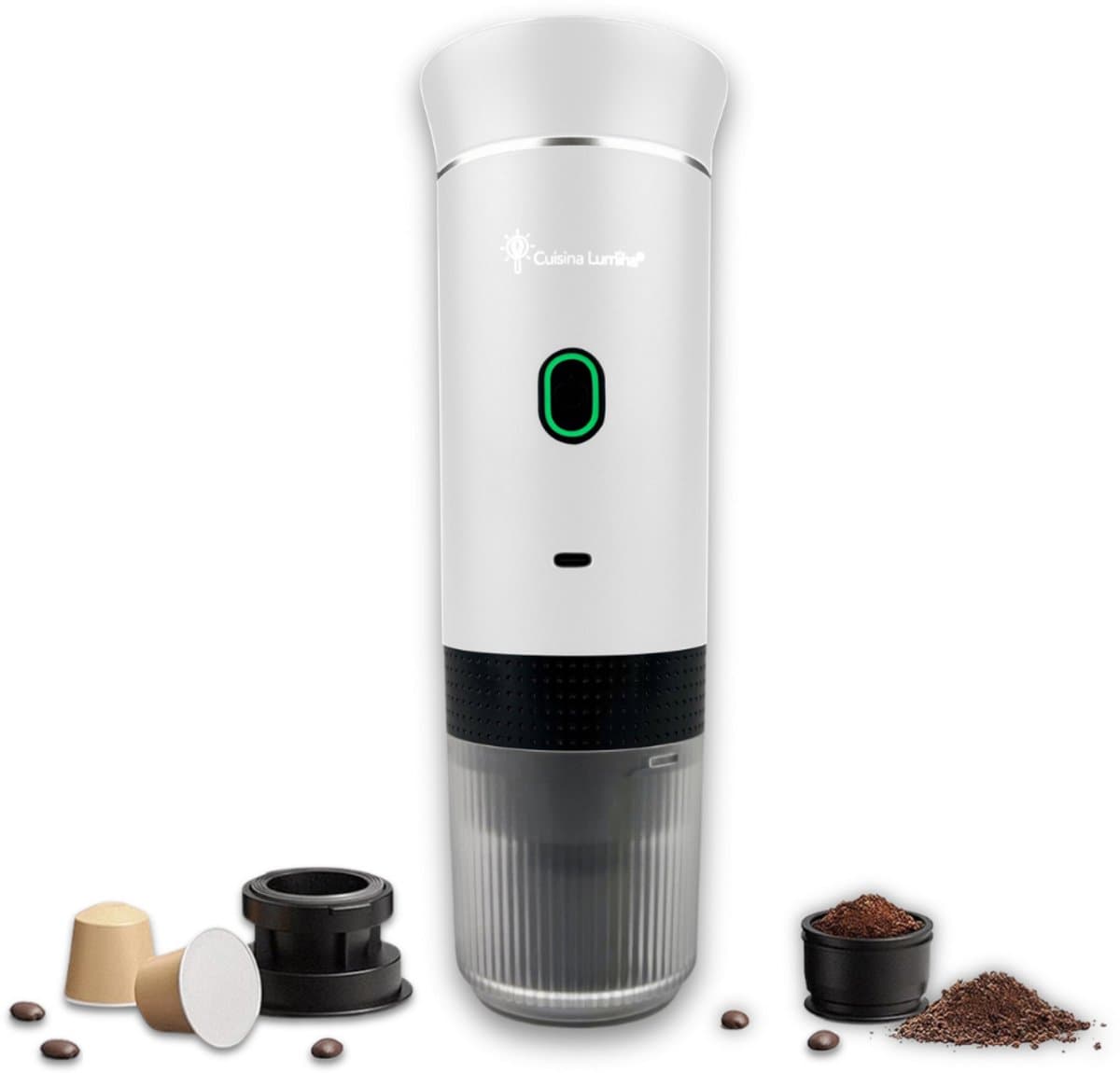 Draagbare koffiemachine - Cuisina Lumina ® - Hoogwaardige kwaliteit - 120 ML - Voor onderweg - Draagbaar koffiezetapparaat - Camping gadget - Oplaadbaar - Verwarmt water - Koffiecups & gemalen koffie - Espresso & Lungo - Wit — afbeelding 1