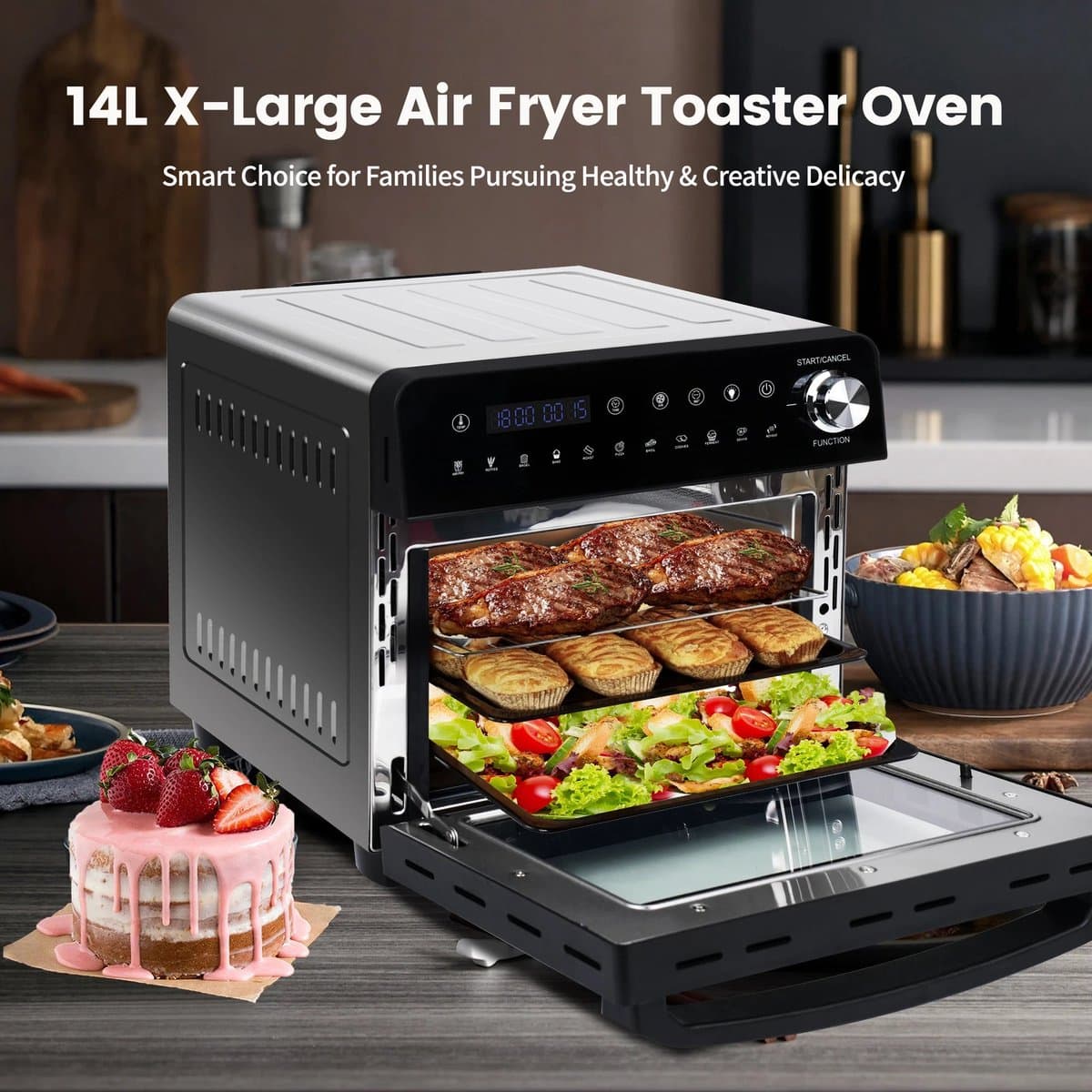 Heteluchtfriteuse - 14L – Mini Oven - 1800W - 240V - XXL - 11 Programma’s – LED Touchscreen - 14L capaciteit - Inclusief Rotisserie - en Accessoires — afbeelding 1