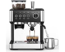 Espressomachine Automatisch 20 Bar - Conische Bonenmolen 30 Niveaus - Melkopschuimer Auto - Stoom 360° - 2,3 L Reservoir - Koffie Amerikaans Cold Brew - RVS Zwart